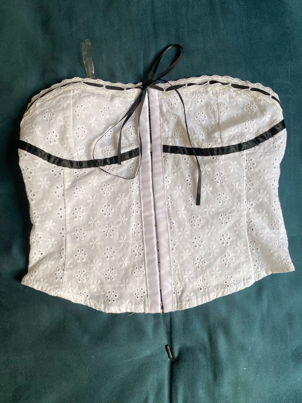 White Eyelet Strapless Corset Camisole with Black Trim
